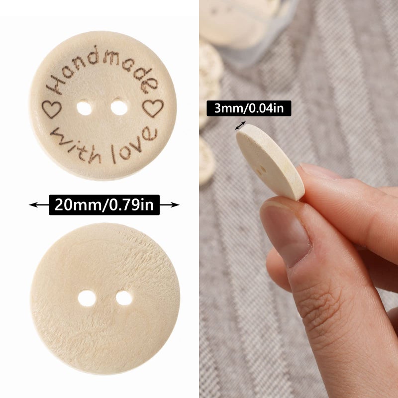 NUOMI 100Pcs Cute Wooden Craft Buttons 2 Holes 'Handmade with Love' Tags Labels for Sewing Clothing Accessories, DIY Crafting Projects Decorations 20mm - Image 3